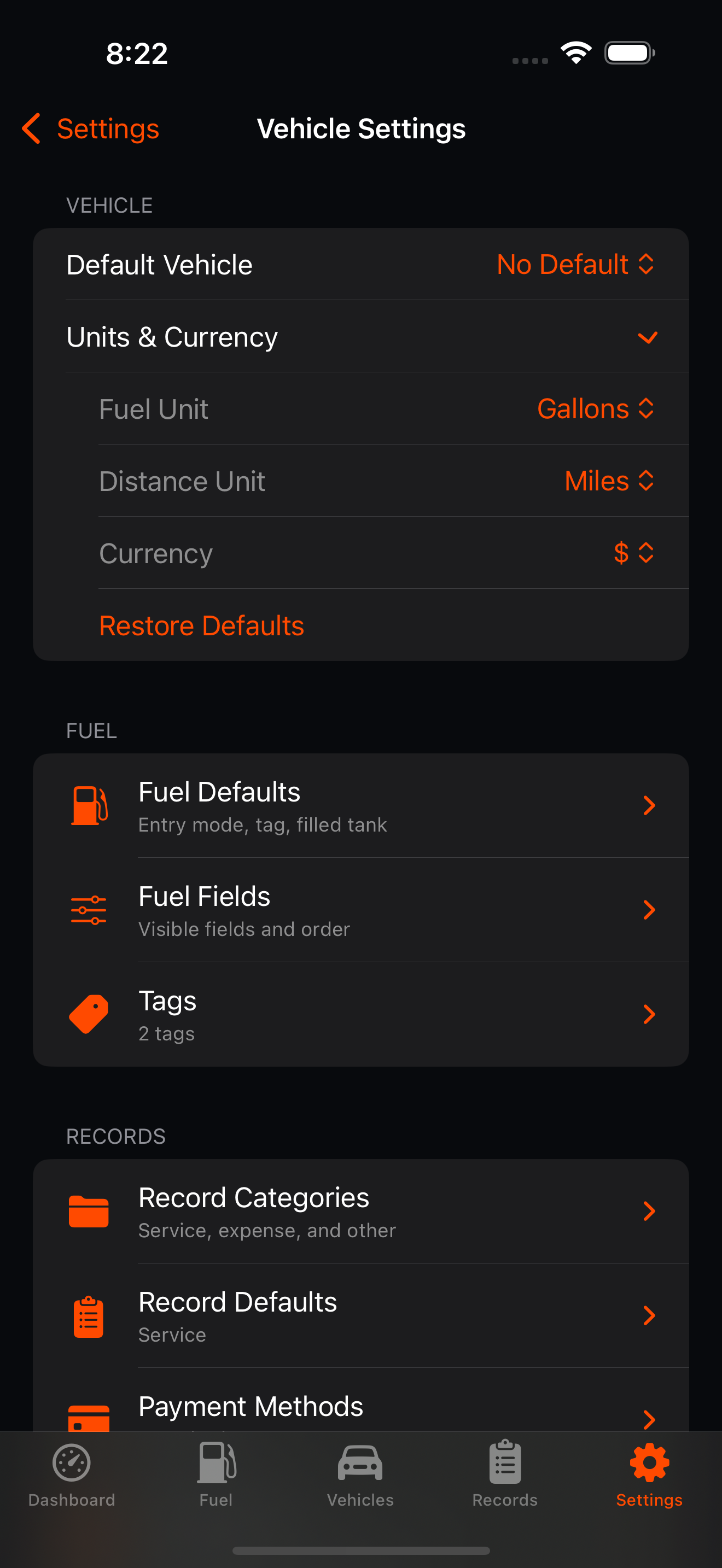 Fuel Warrior Units and Currency settings.