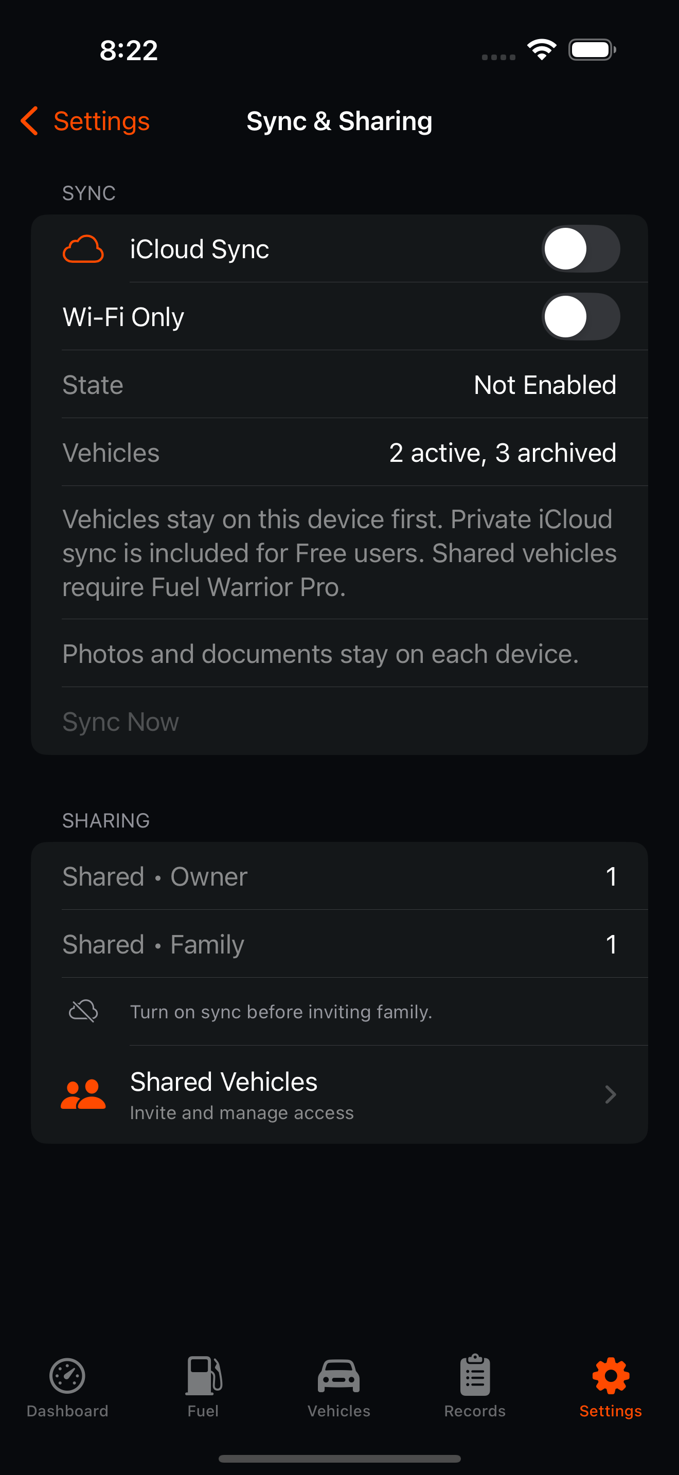 Fuel Warrior Sync and Sharing settings.
