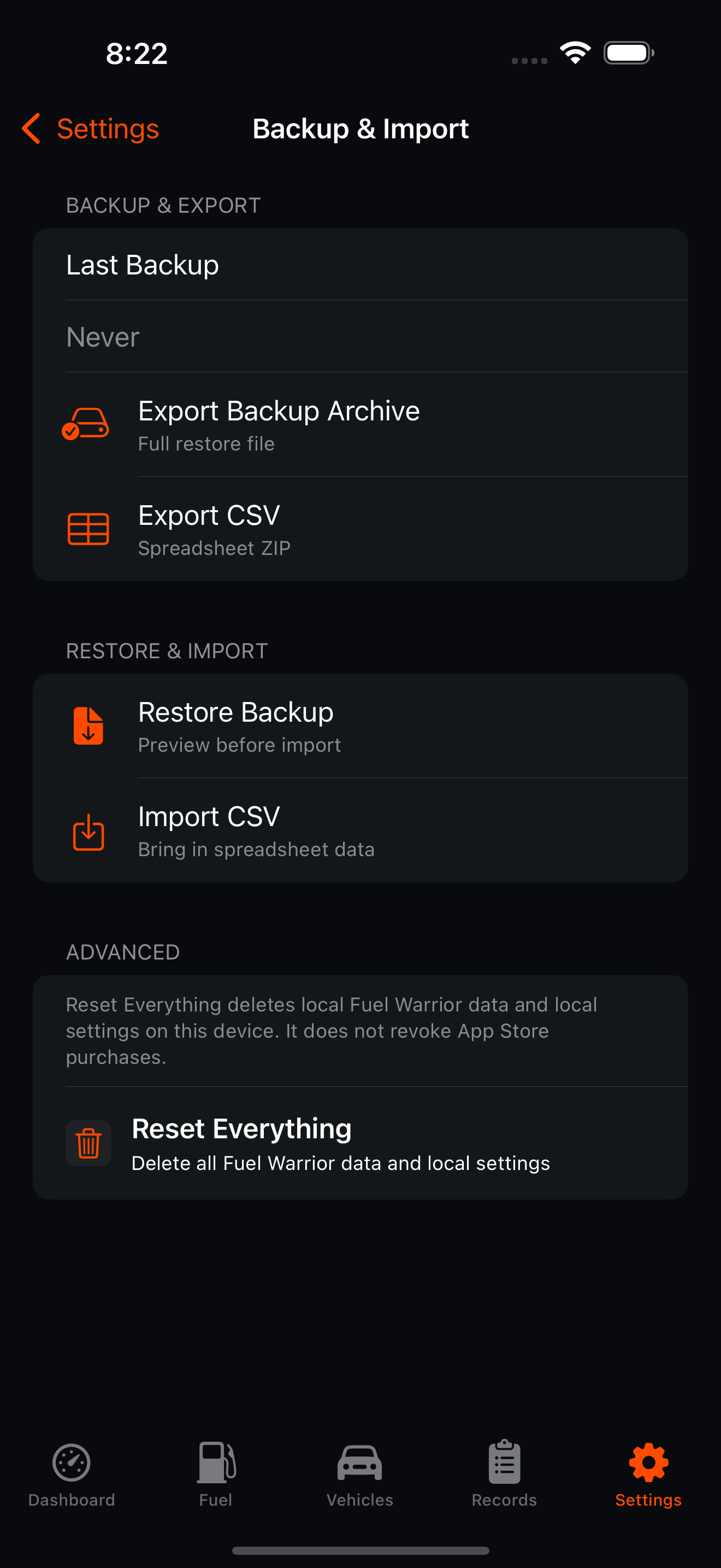 Fuel Warrior Backup and Import settings.