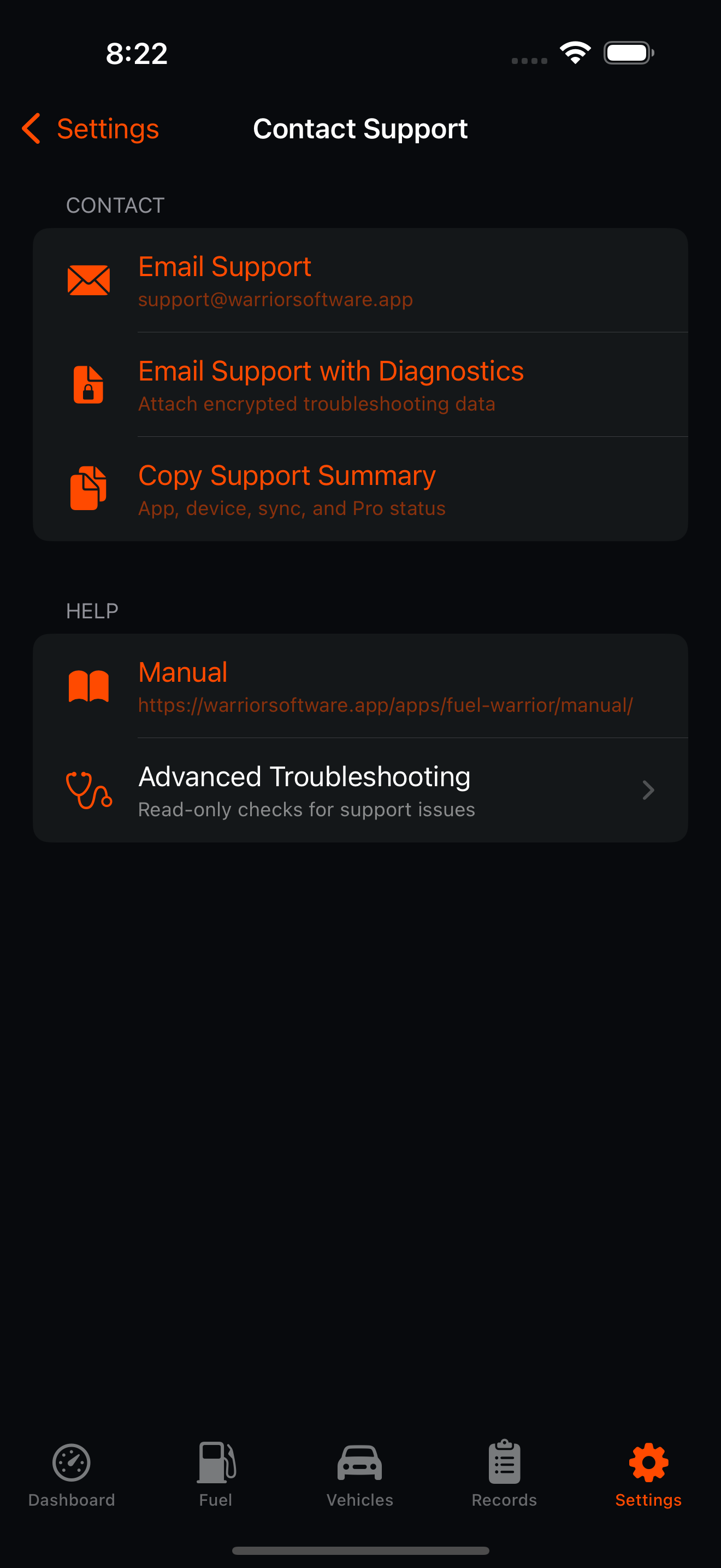 Fuel Warrior Contact Support screen.