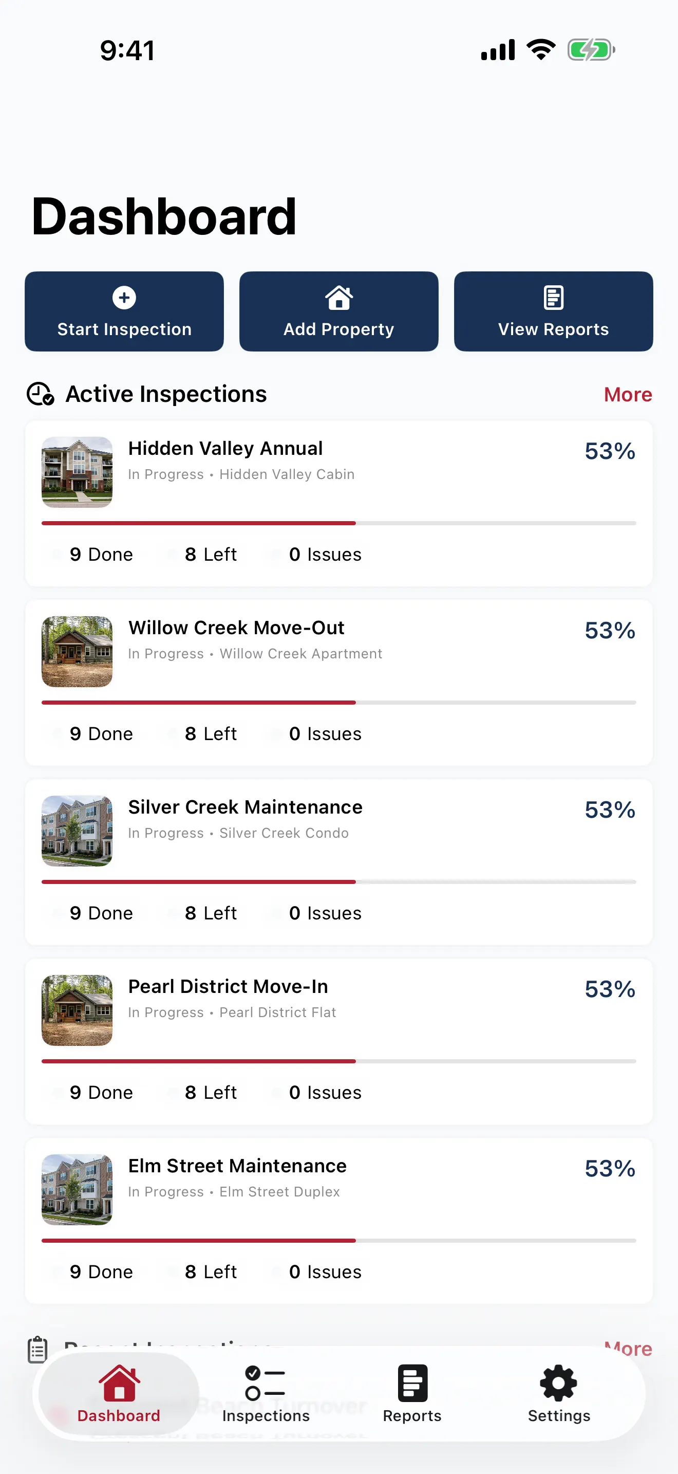 Inspect Warrior dashboard with property thumbnails and active inspections