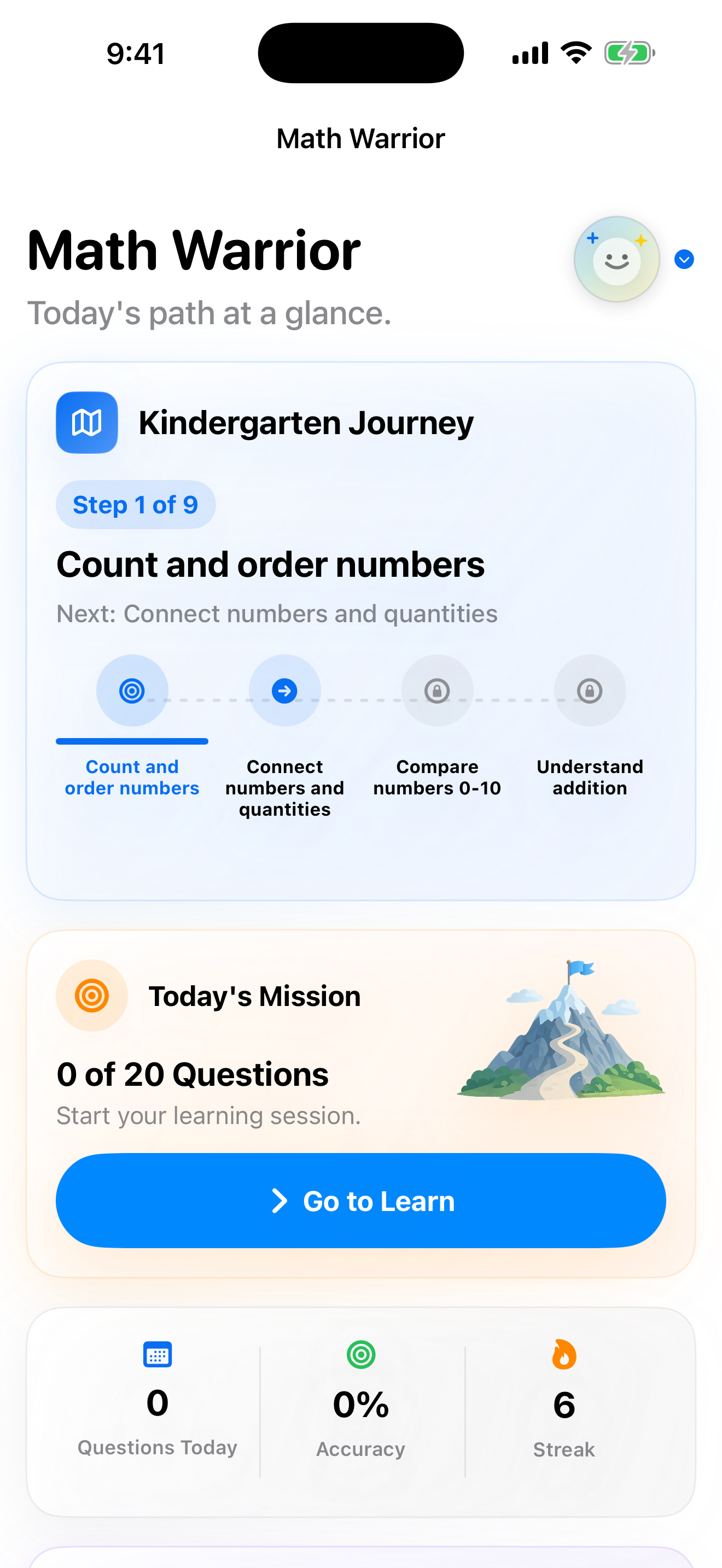 Math Warrior learner dashboard.