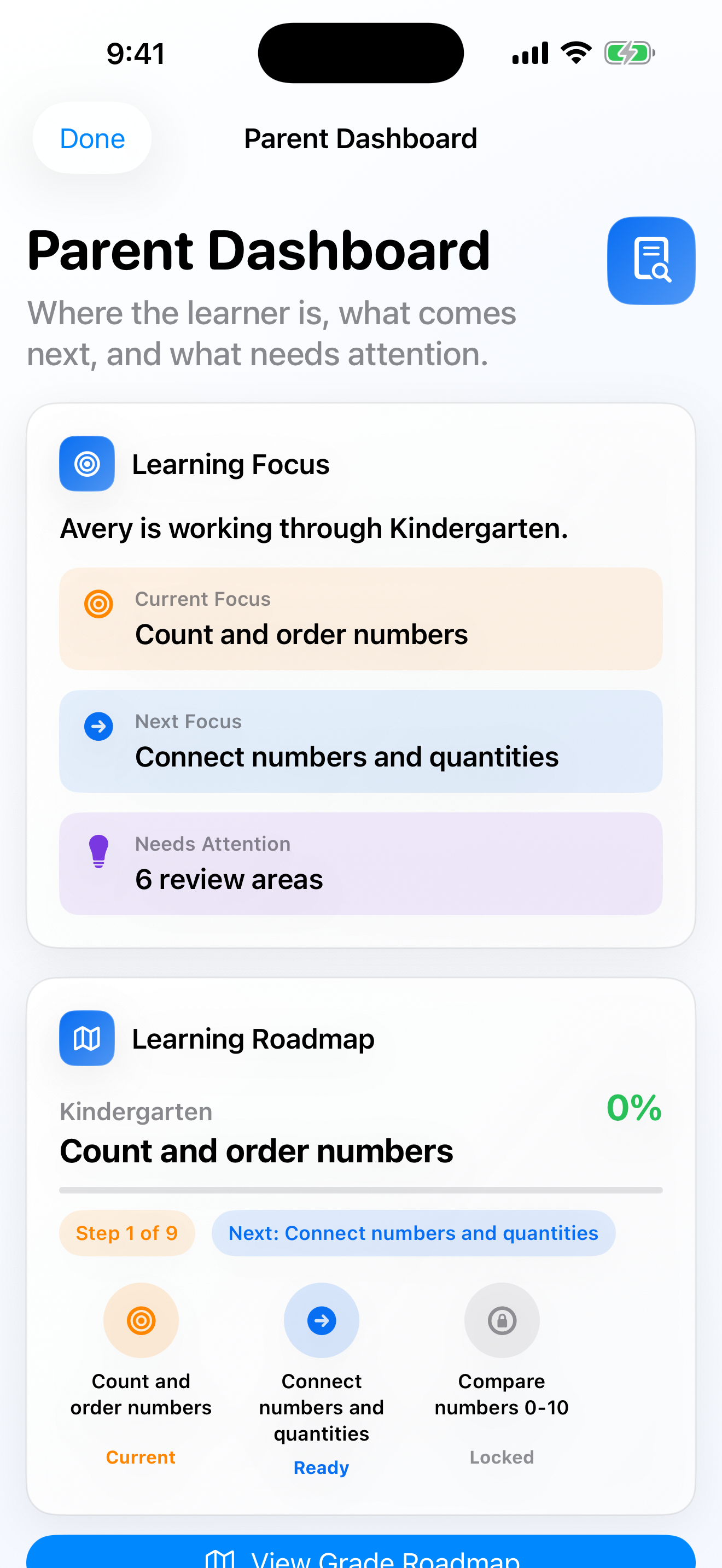 Math Warrior parent dashboard.