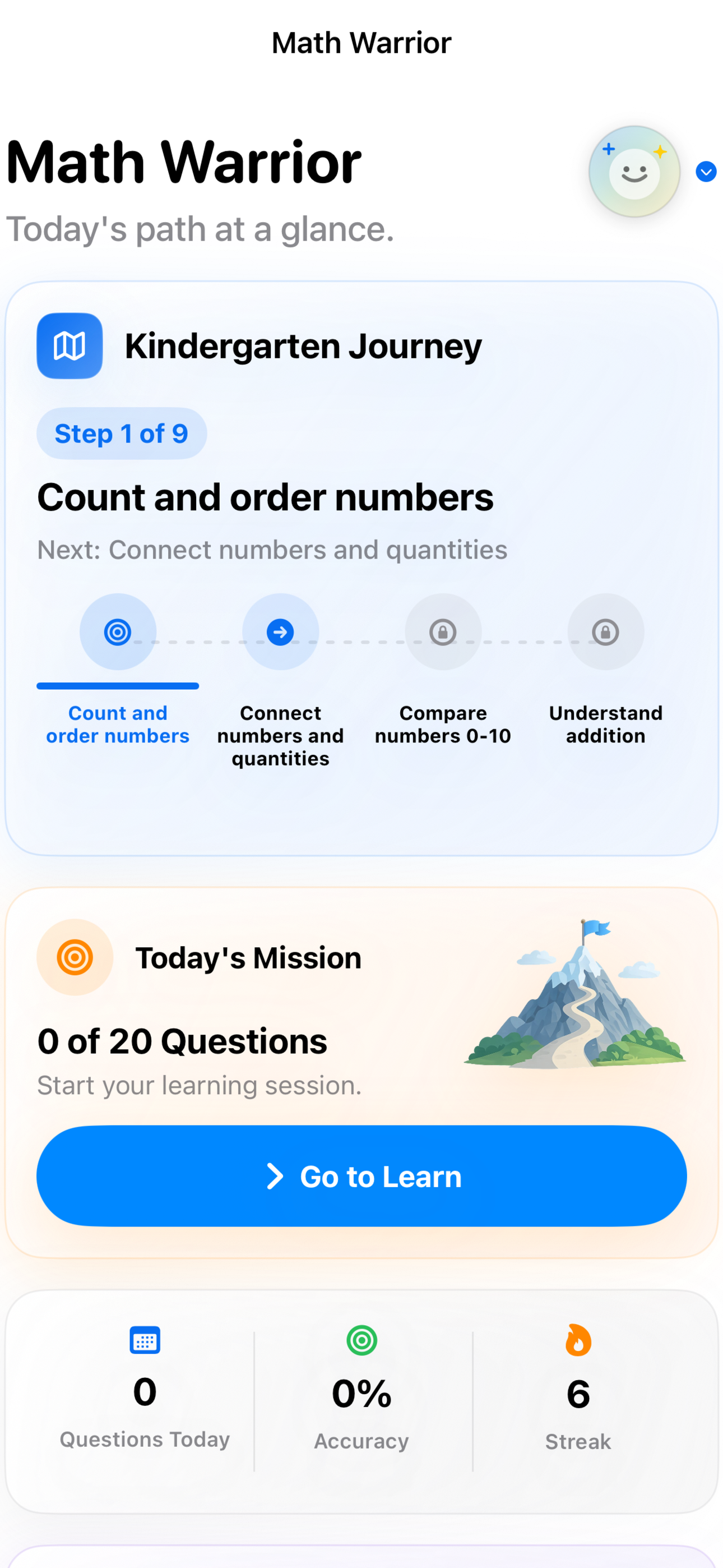 Math Warrior learner dashboard screenshot