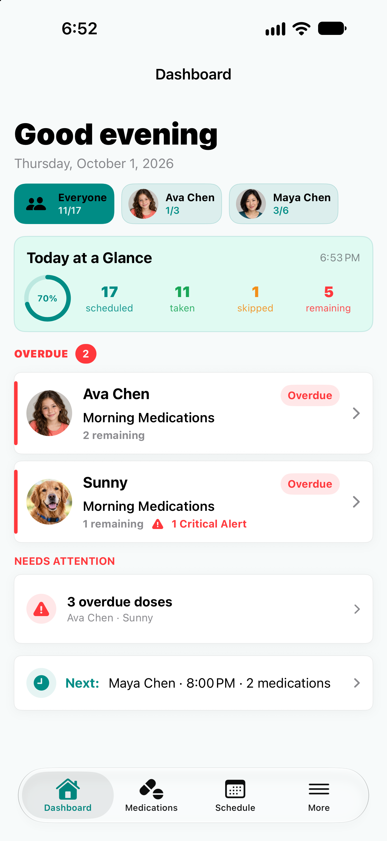 Medication Warrior dashboard showing due medication sessions, household profiles, and recent activity