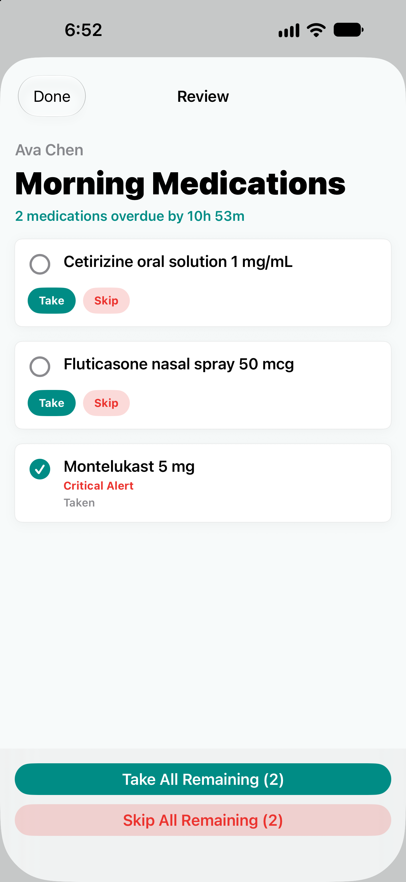 Medication Warrior session review with fictional medication details and dose actions