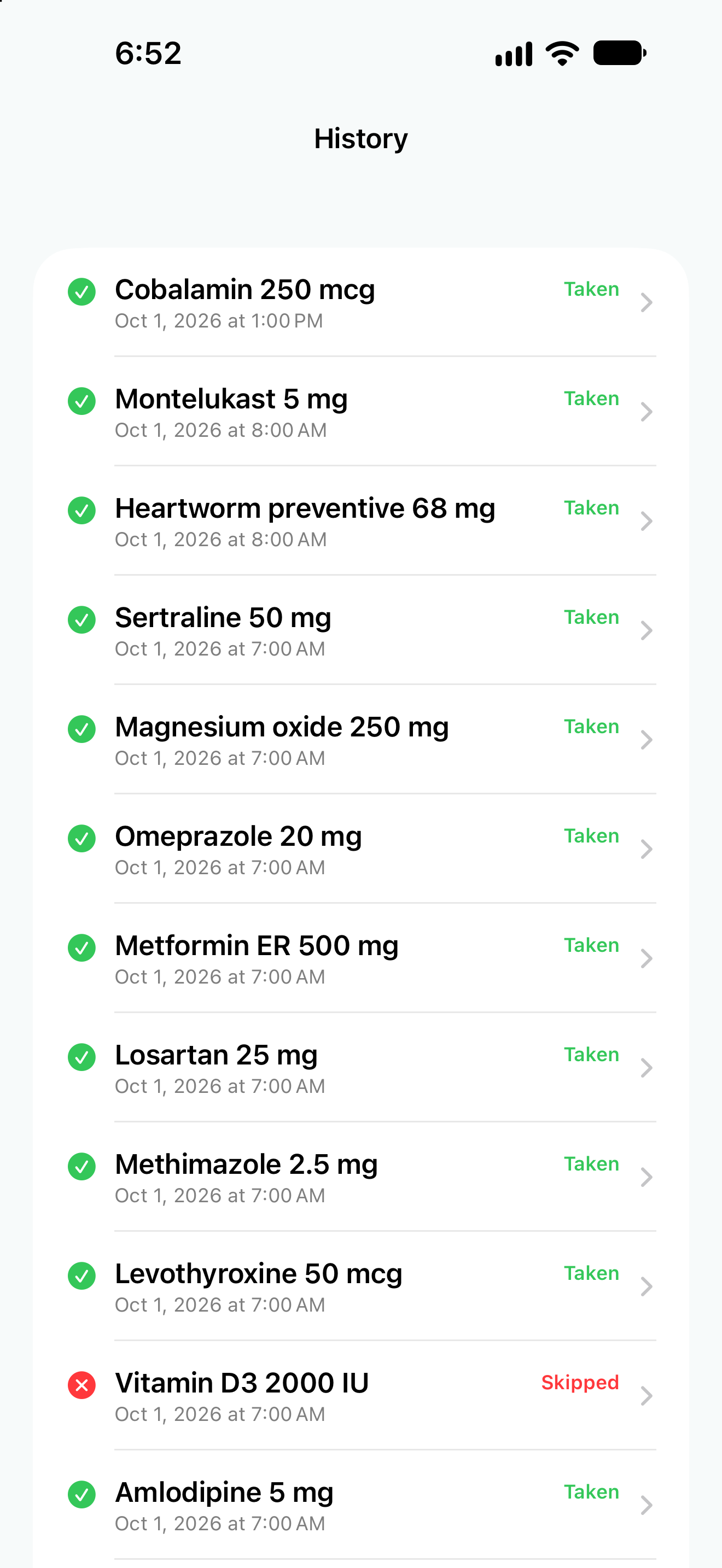 Medication Warrior dose history with recorded taken and skipped doses