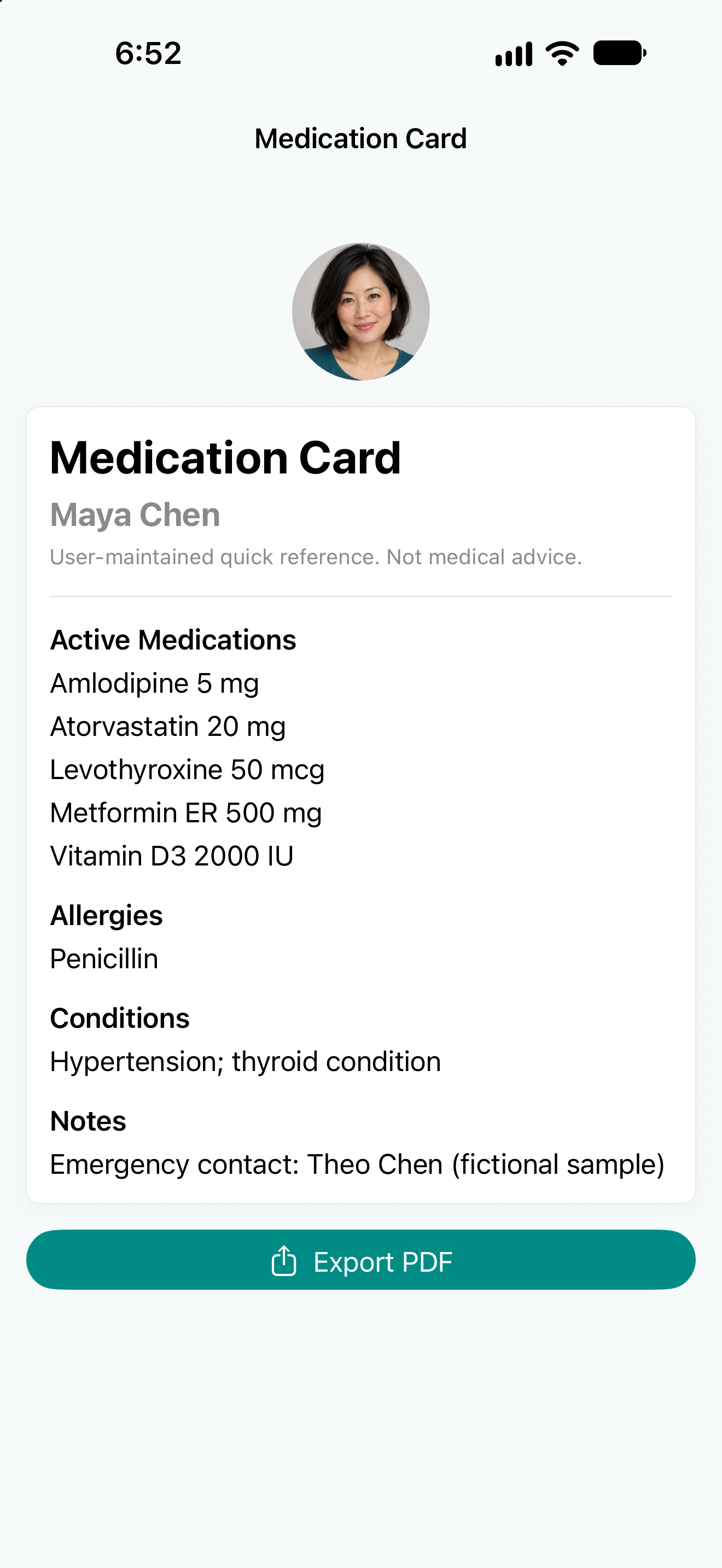 Medication Warrior printable medication card for a fictional family profile