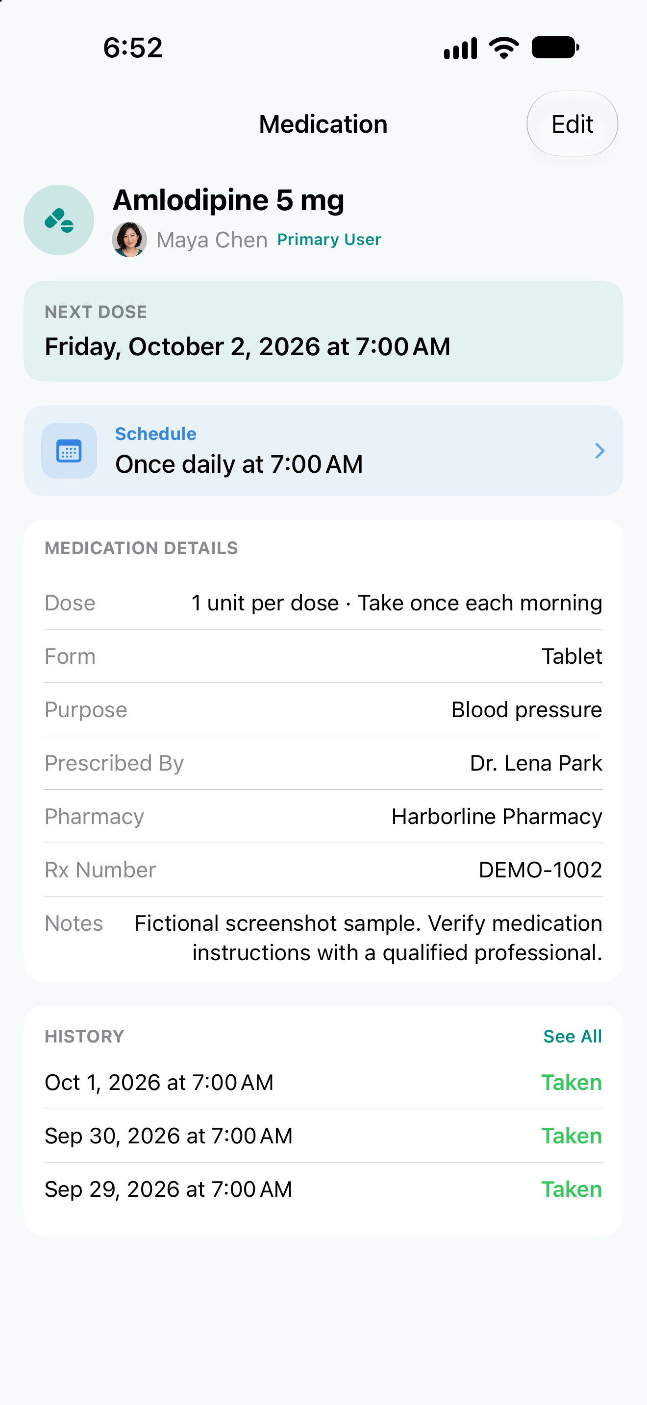 Medication Warrior detail with schedule, prescription information, and dose history