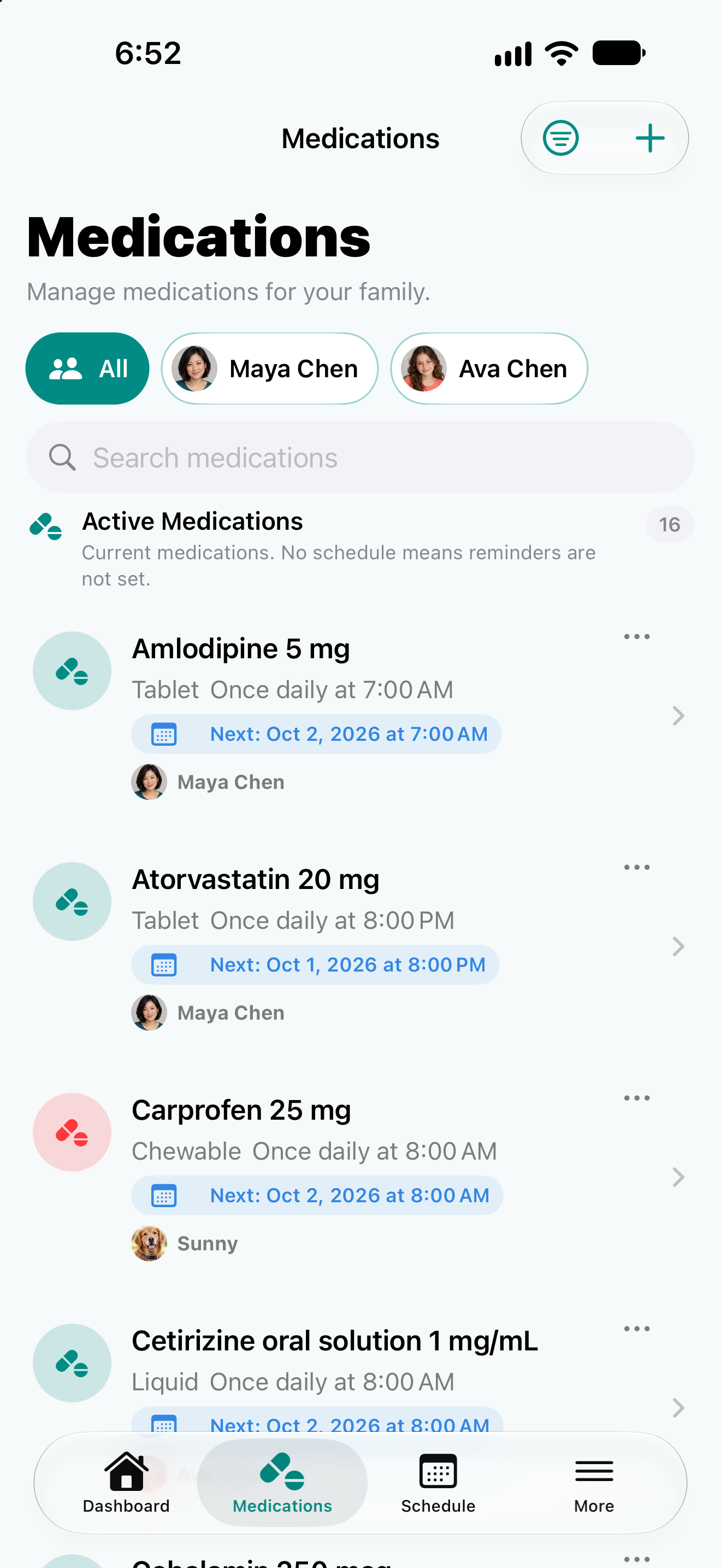 Medication Warrior medication list across fictional family and pet profiles