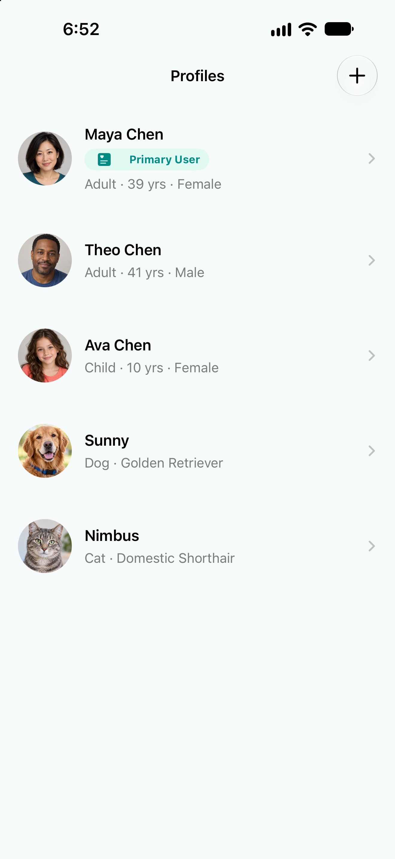 Medication Warrior fictional family and pet profiles with generated portrait photos