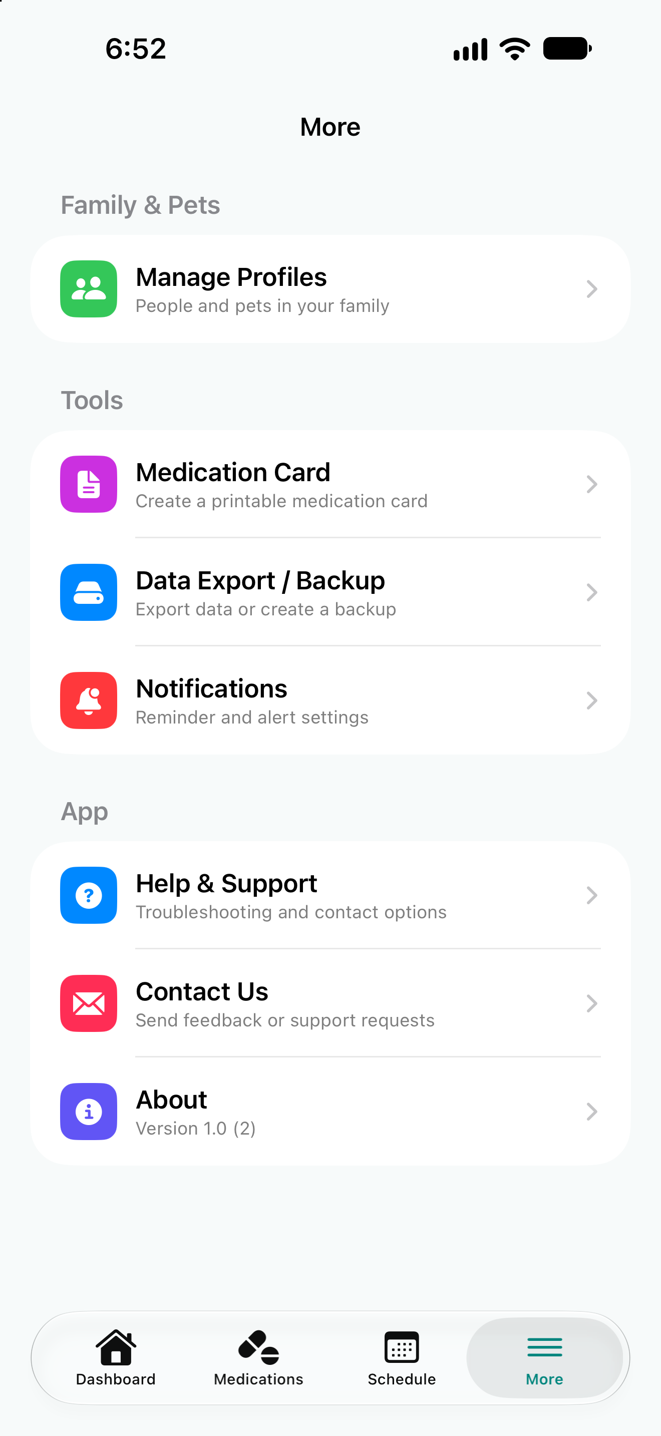 Medication Warrior More screen with profiles, tools, support, and app settings
