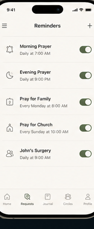 Prayer Warrior Journal reminders screen.