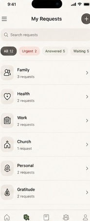 Prayer Warrior Journal prayer requests screen.
