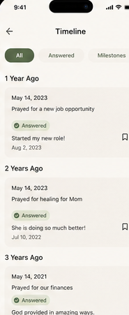 Prayer Warrior Journal timeline screen.