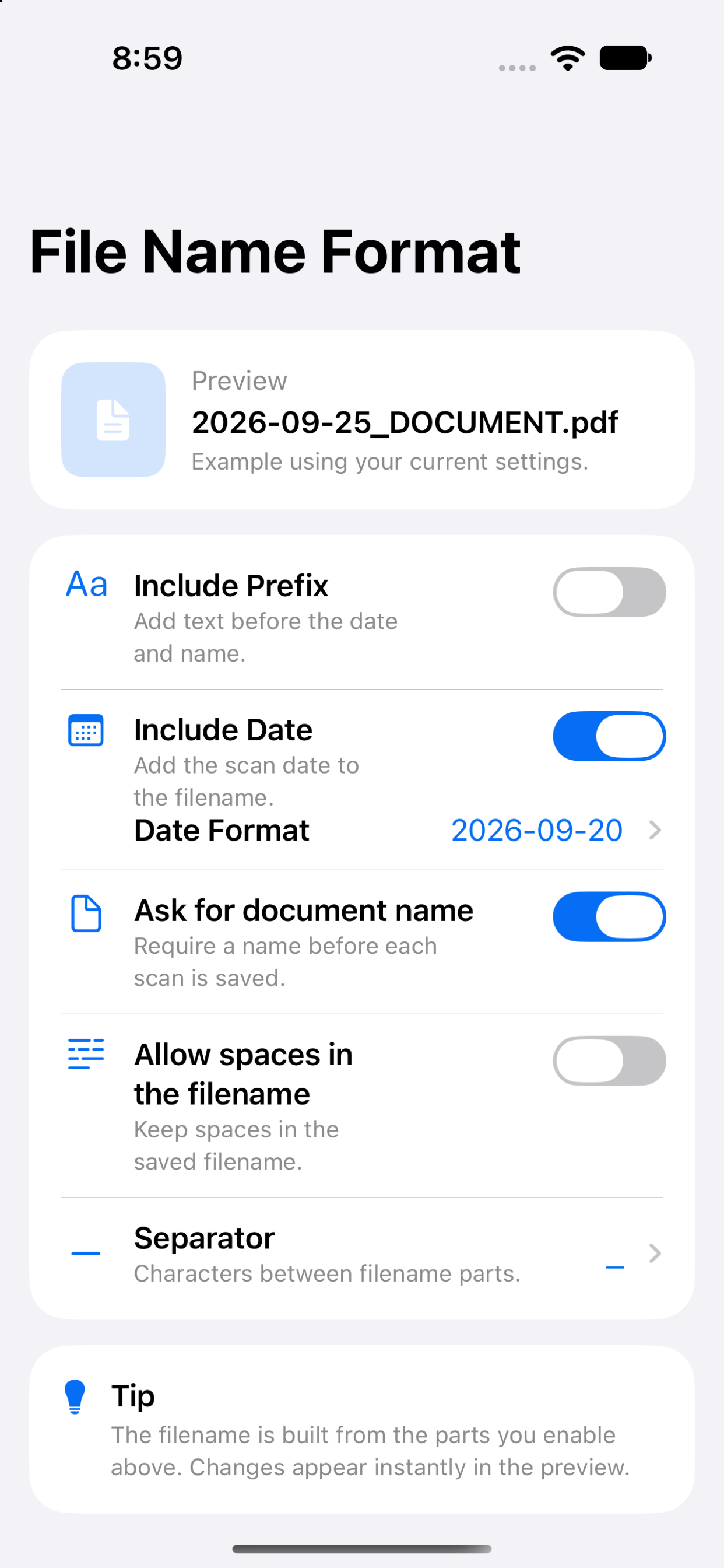 Scan Warrior filename format settings showing a live PDF name preview.