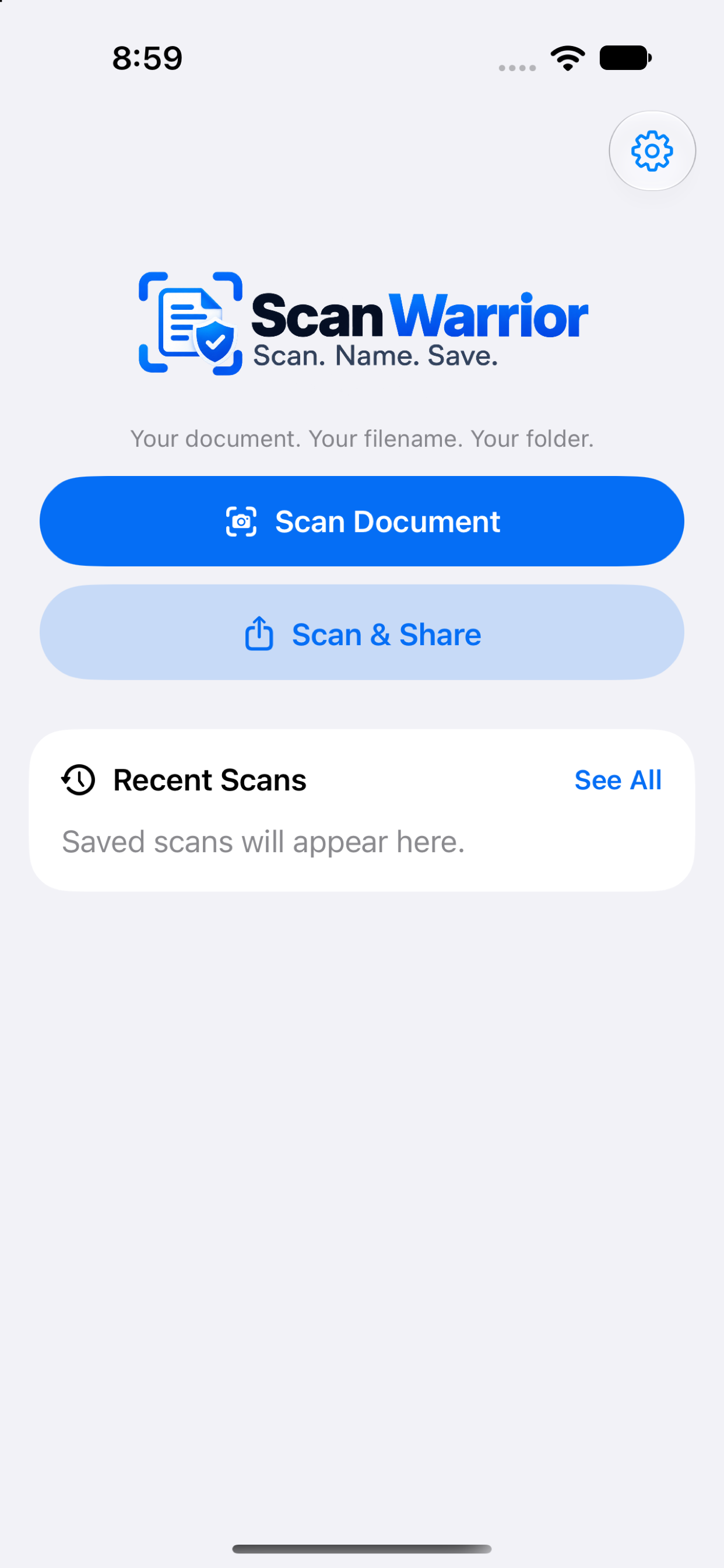 Scan Warrior home screen with Scan Document, Scan and Share, and Recent Scans