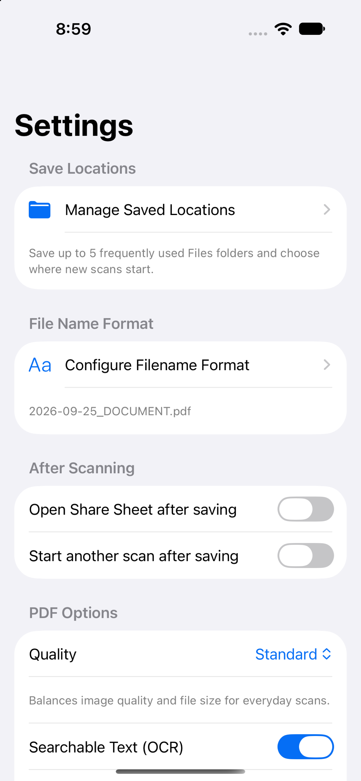 Scan Warrior Settings screen showing saved locations and PDF options.