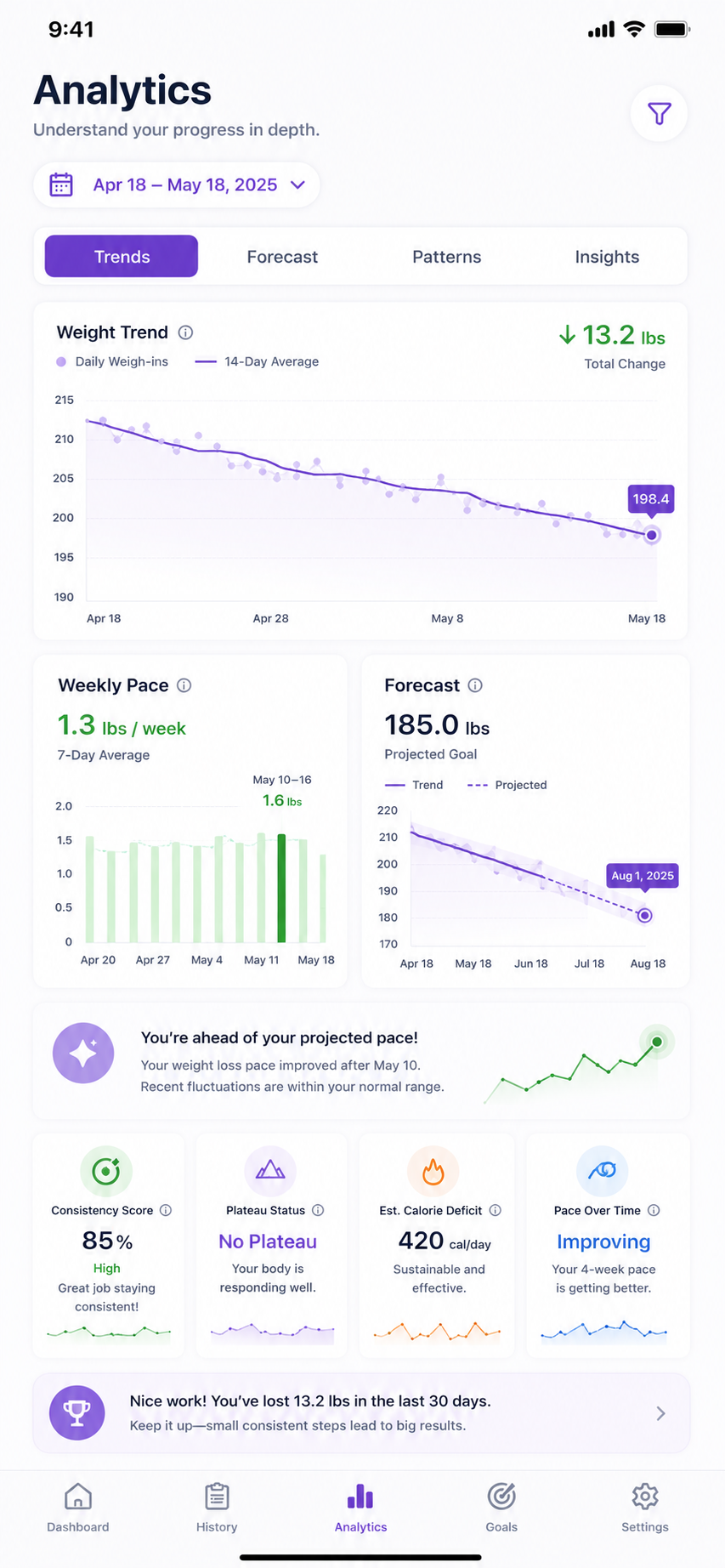 Weight Warrior analytics screen.